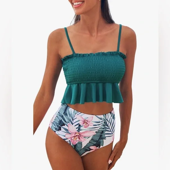 high waisted swim dress Off-Shoulder Flounce Ruched Swimdress – Shekini main image 1